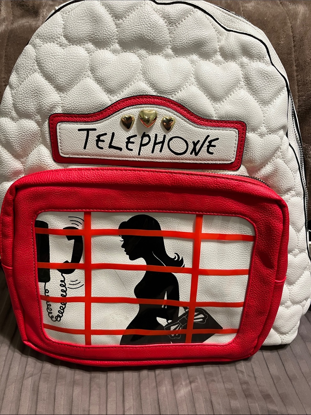 Betsey Johnson White Quilted Backpack with Telephone Phone Booth Graphic